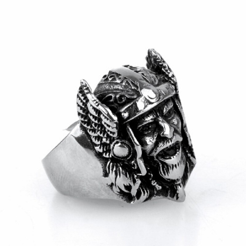 Viking-style stainless steel ring featuring Odin's head design, perfect for men and women who embrace their inner hero.
