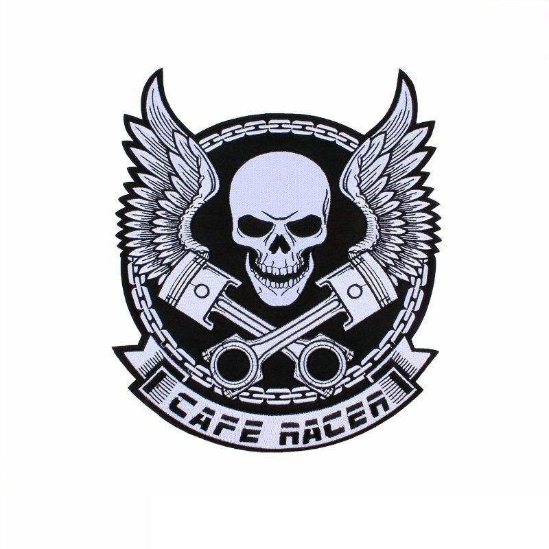 Large embroidered iron-on patch featuring a skull with wings and motorcycle pistons, perfect for biker jackets.
