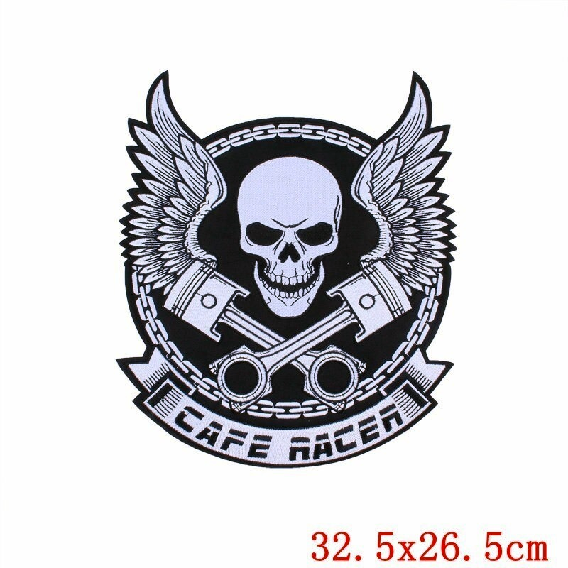 Cafe Racer skull patch with wings and crossed pistons, perfect for jackets and biker style fashion.