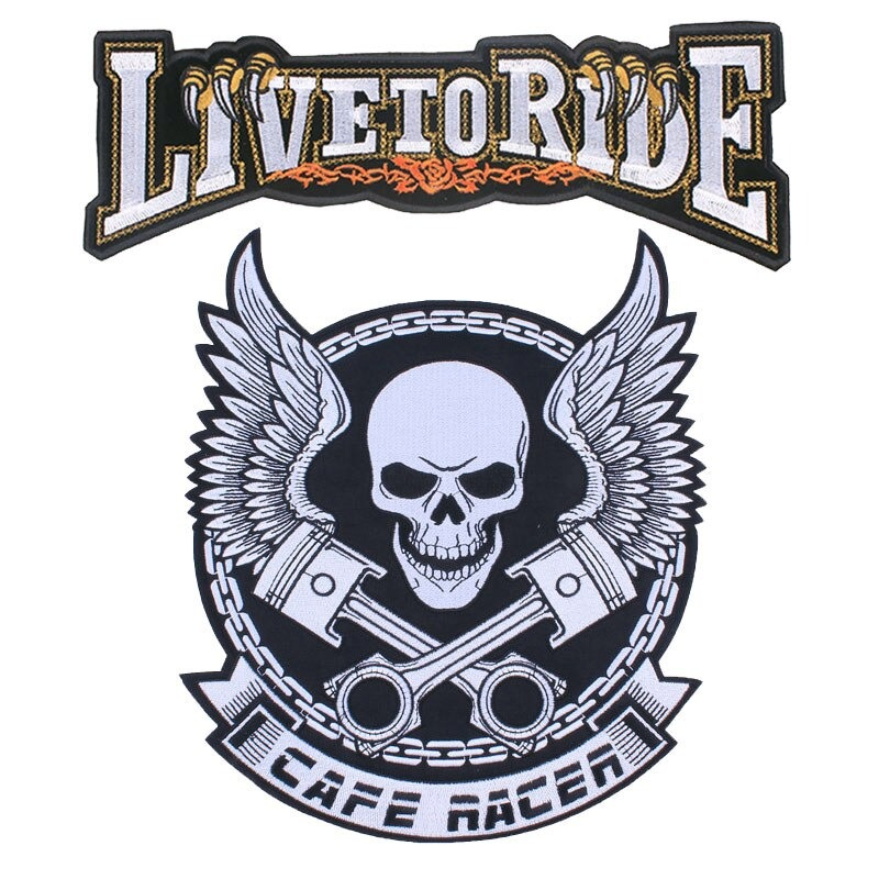 Embroidered skull patch with wings and 'Live to Ride' text for biker jackets and vests.