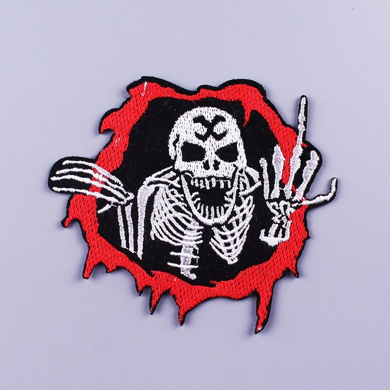 Cool scary skull patch with skeleton in rock style, perfect for jackets and bags, unisex accessory.