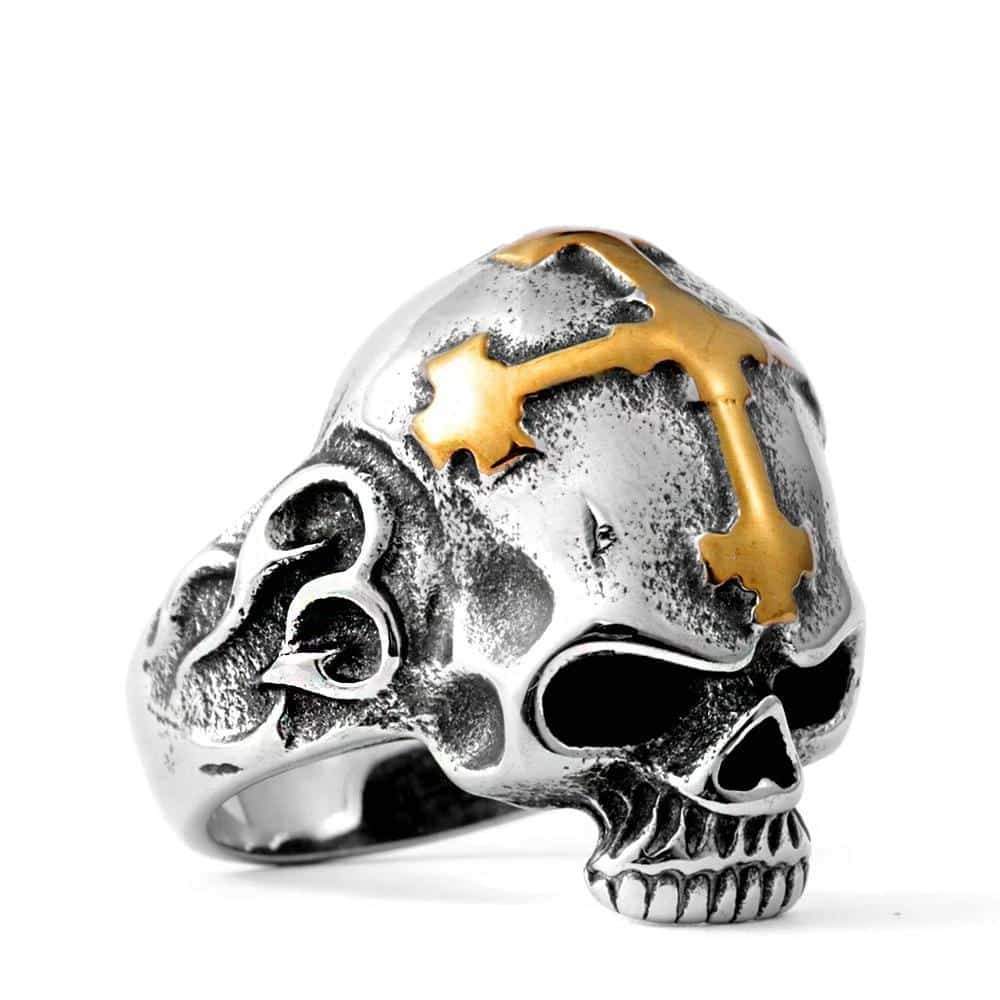 Scary stainless steel skull ring with gold cross detail, perfect for rock style accessories and bold jewelry lovers.