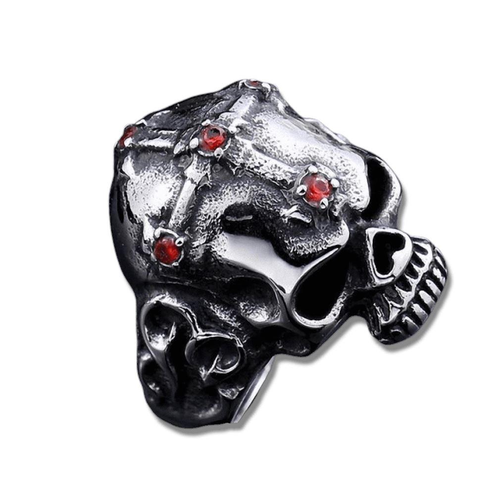 Scary stainless steel skull ring with red accents and detailed design for rock style jewelry lovers.