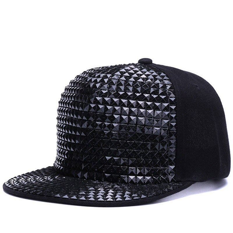 Black adjustable baseball cap with shiny pyramid sequins, perfect for men and women in a punk rock style.