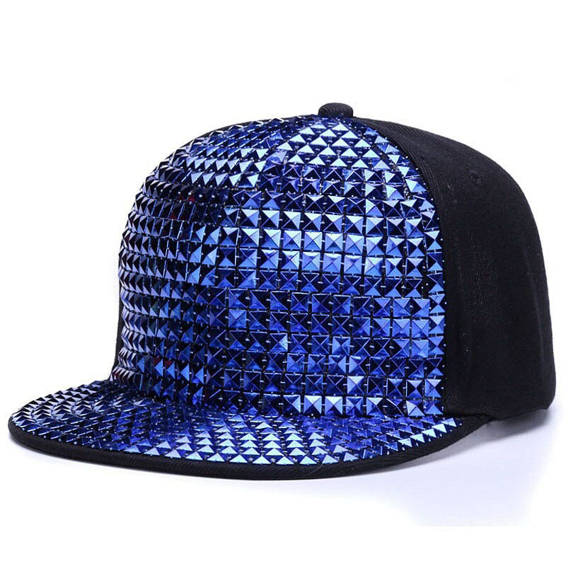 Blue sequined adjustable baseball cap, stylish punk rock snapback hat for men and women.