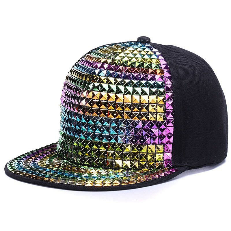 Shiny sequined adjustable baseball cap with a colorful geometric design, perfect casual accessory for men and women.