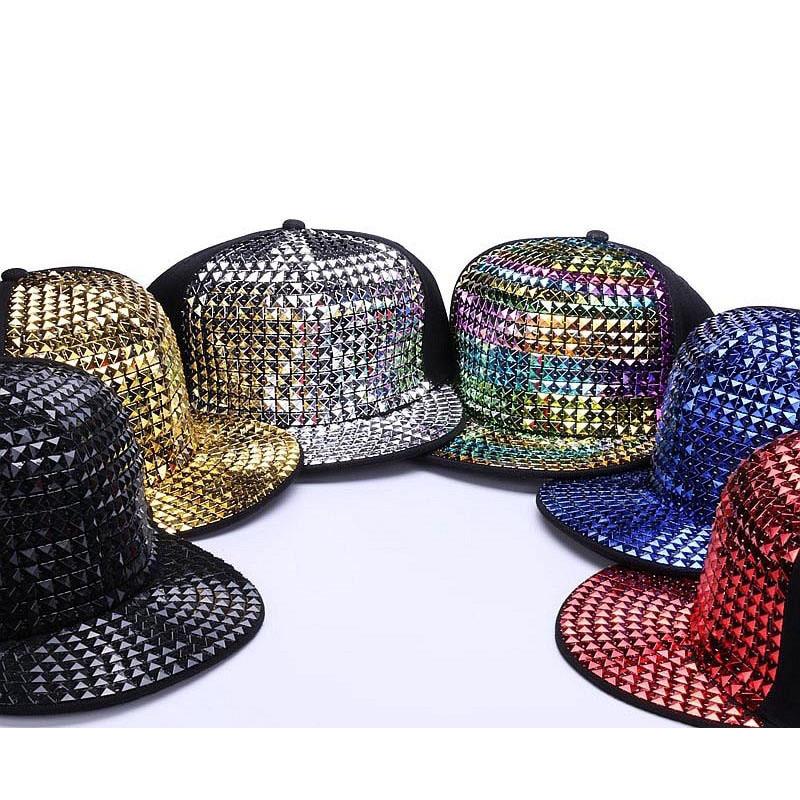 Colorful sequined adjustable snapback baseball caps in black, gold, silver, and more, perfect for unisex casual style.