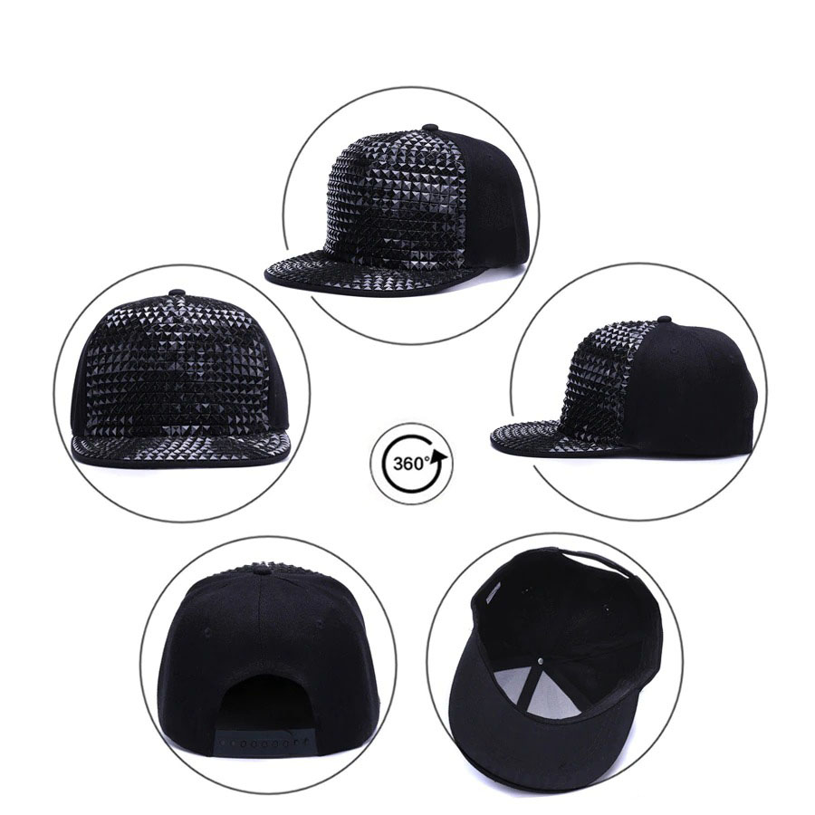 360-degree view of adjustable black sequins snapback cap, stylish unisex baseball hat for casual wear.