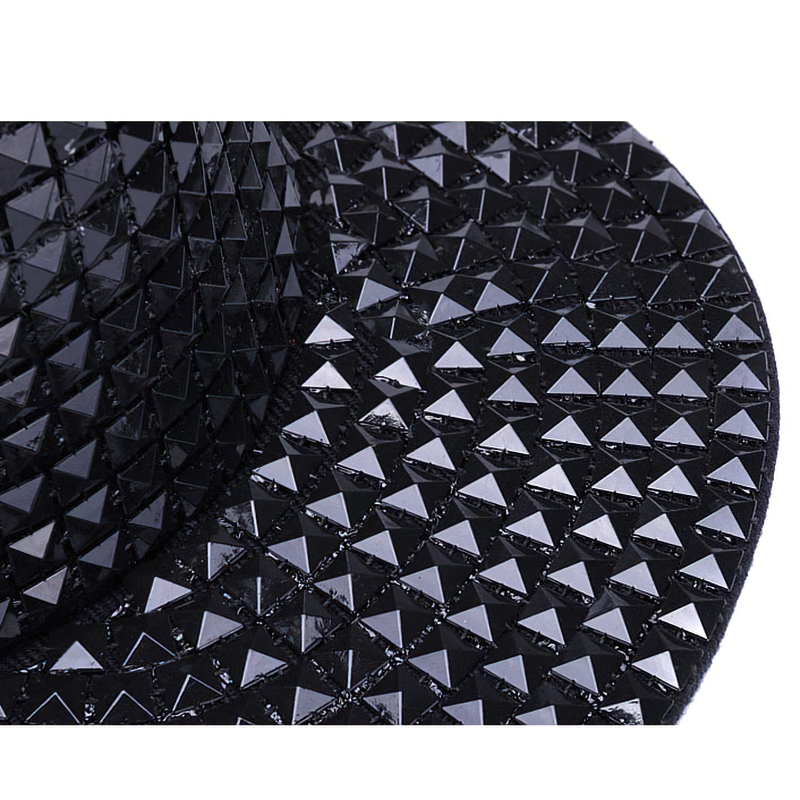 Close-up of black sequined adjustable baseball cap featuring a stylish pyramid design.