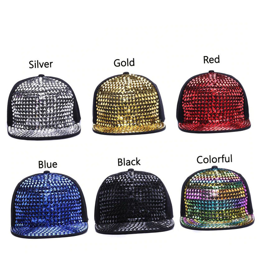 Bright sequined adjustable baseball caps in silver, gold, red, blue, black, and colorful designs, perfect for men and women.