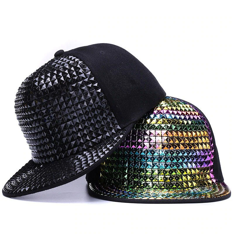 Stylish sequins adjustable baseball caps for men and women, featuring black and colorful designs.