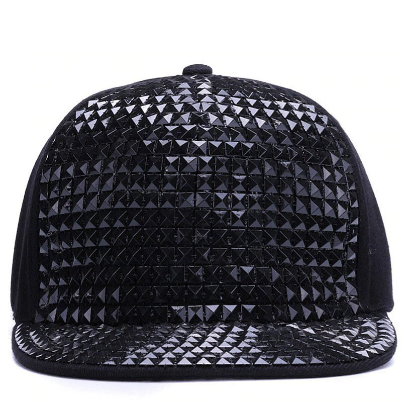 Black sequins adjustable snapback cap, stylish unisex baseball hat for casual wear.