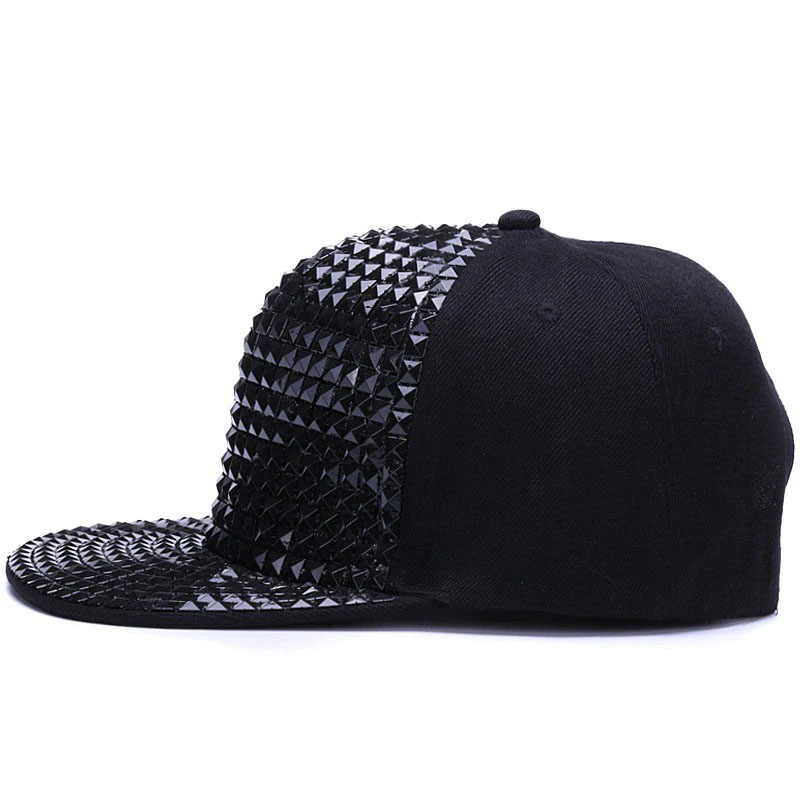 Stylish black adjustable baseball cap with shiny studs, perfect unisex accessory for punk rock enthusiasts.