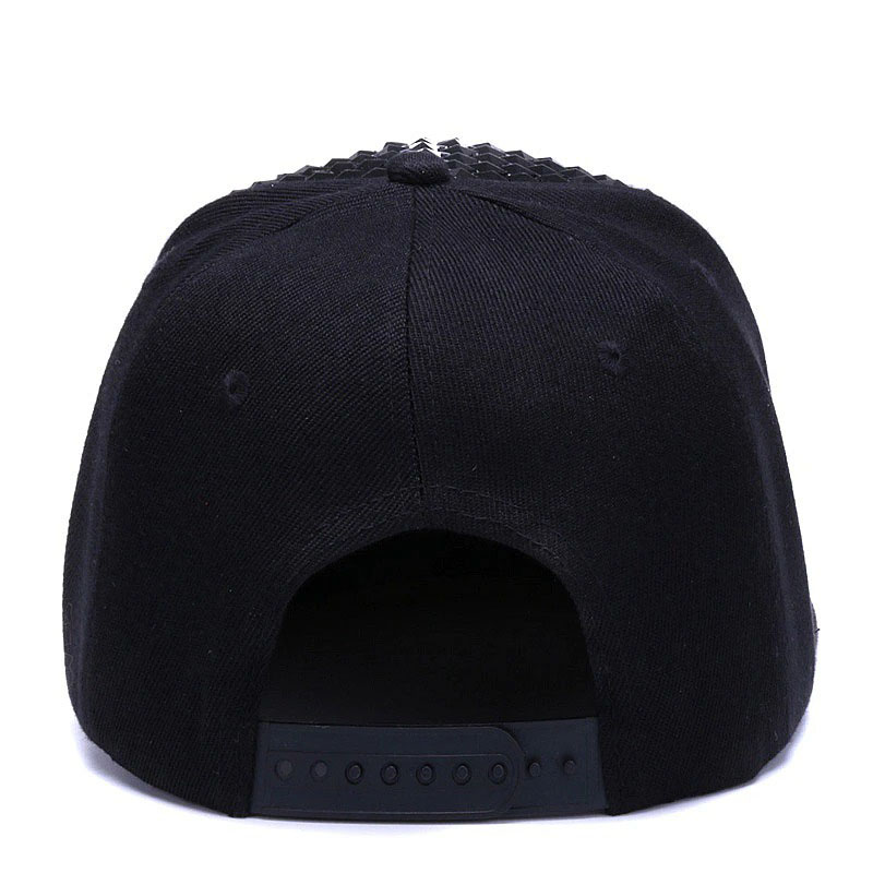 Back view of an adjustable black sequins baseball cap, showcasing the snapback closure for a customizable fit.