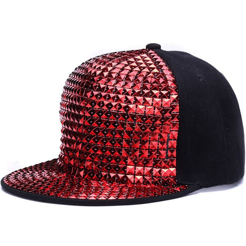 Stylish red sequins adjustable snapback cap perfect for men and women, ideal casual accessory for trendy outfits.