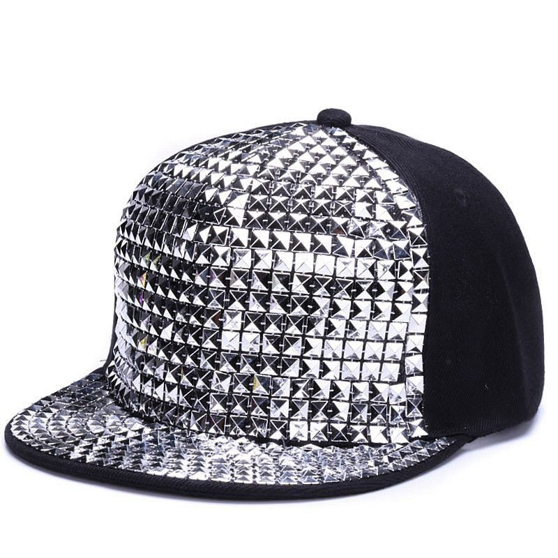 Adjustable black baseball cap with shiny silver sequins, perfect unisex accessory for a punk rock style.