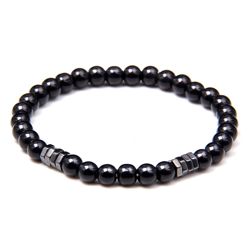 Stylish black stone bead bracelet for unisex fashion, featuring silver accents, perfect for trendy accessory lovers.