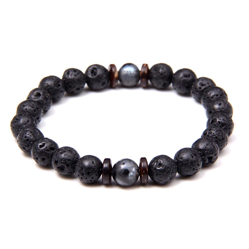 Stylish unisex bracelet made of natural stone and wooden beads in black tones, perfect for all outfits.