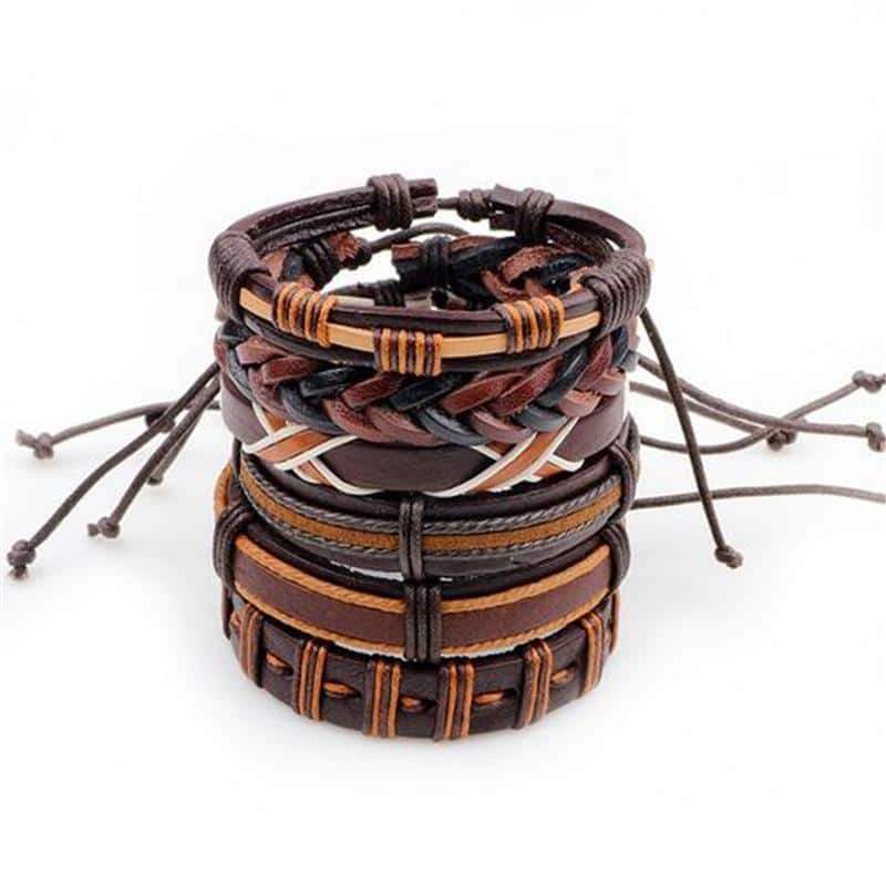 Set of 6 rock-style brown leather and braided rope bracelets for men and women.