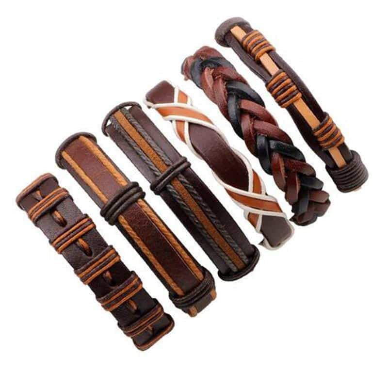 Set of 6 rock-style brown leather bracelets and braided rope wristbands for men and women.