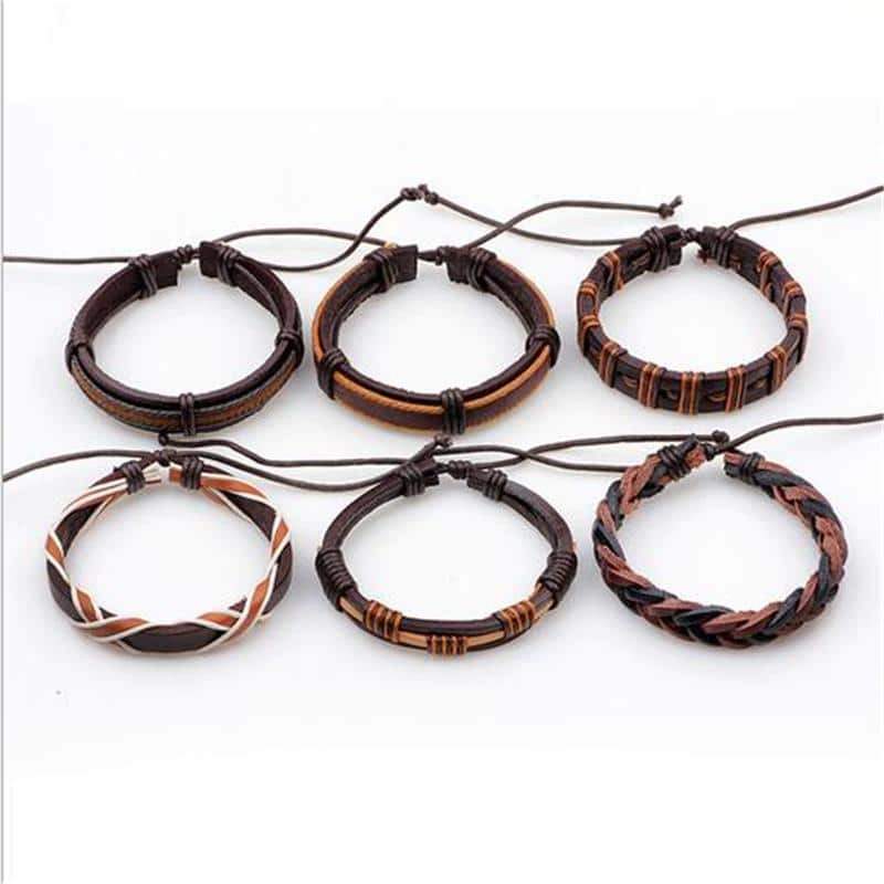Set of 6 rock-style brown leather bracelets and braided rope wristbands for men and women.