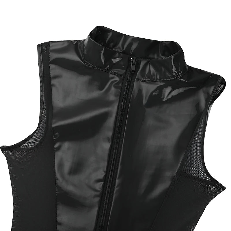 Close-up of a stylish black jumpsuit featuring a glossy spandex front and sheer mesh sides for sexy alternative fashion.