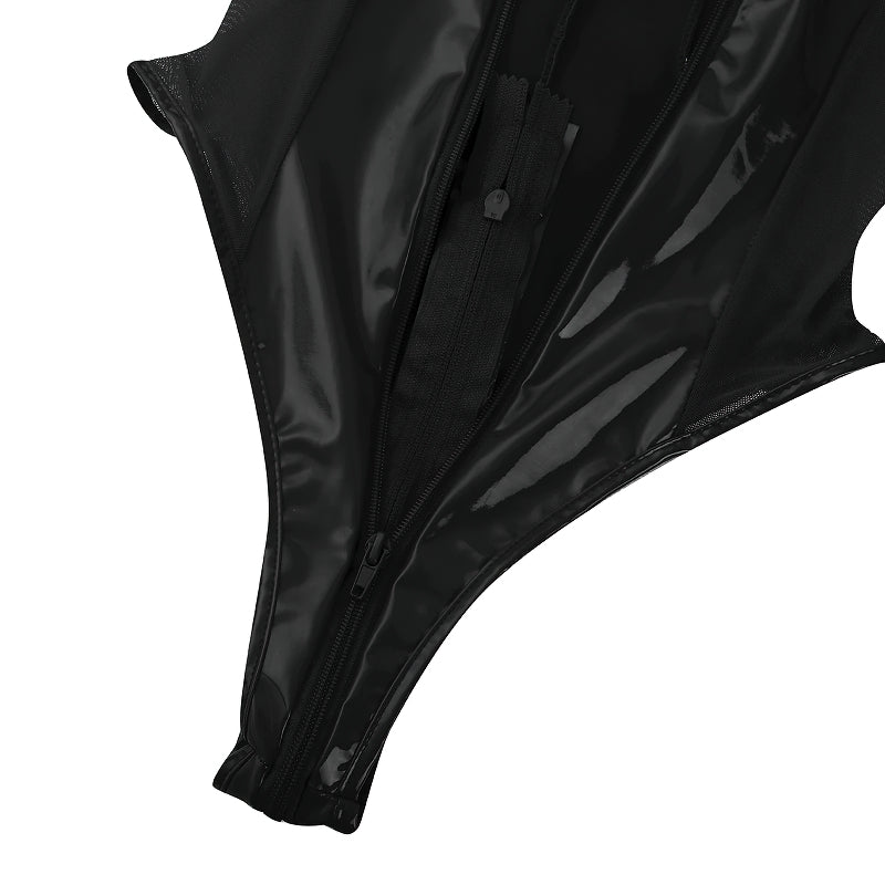 Close-up of the sexy women's jumpsuit with sheer mesh and long zipper details.