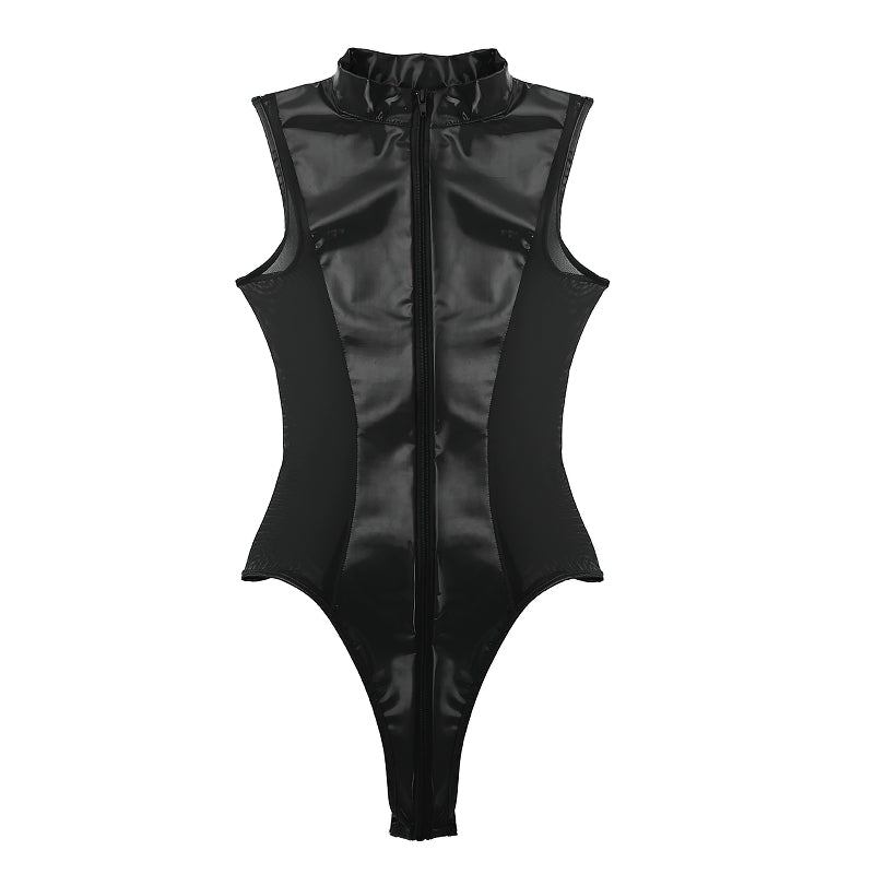 Sexy women's black jumpsuit with sheer mesh sides and a long zipper, perfect for alternative fashion looks.