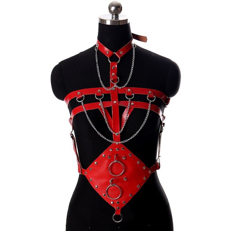Sleek red bondage belt body harness with chains and silver fittings, perfect for gothic punk fashion.