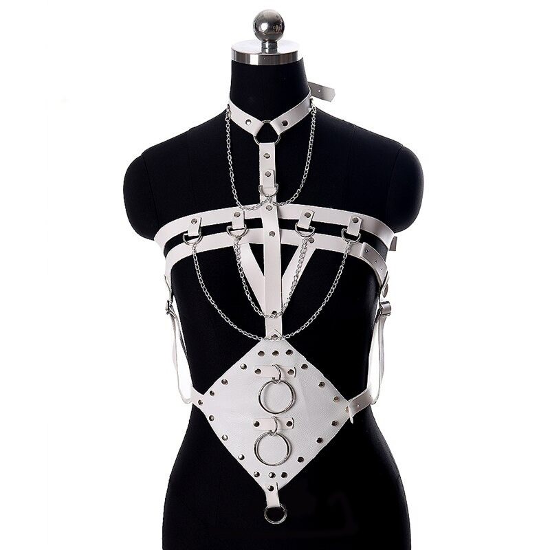 Sleek white leather bondage harness with chains and silver studs, perfect for gothic and fetish fashion lovers.