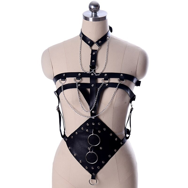 Sexy gothic PU leather bondage harness with chains and silver studs for a bold punk fashion statement.