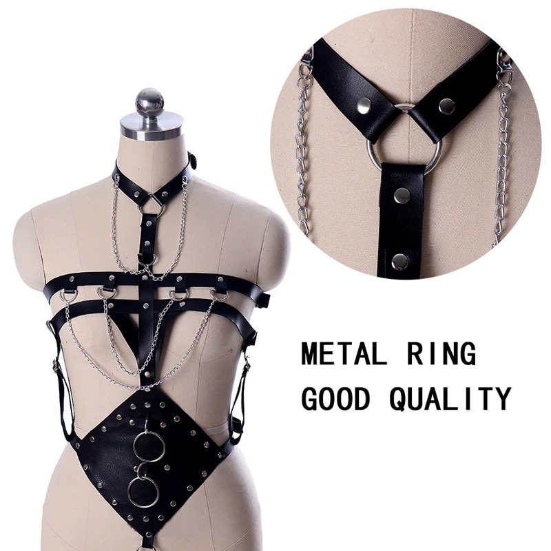 Stylish black PU leather bondage harness with chains and metal rings, perfect for BDSM and gothic fashion.