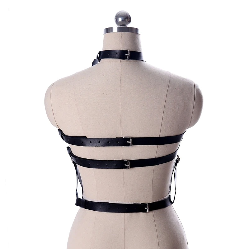 Back view of a sexy bondage belt made of black PU leather with multiple straps and silver fittings, perfect for gothic fashion.