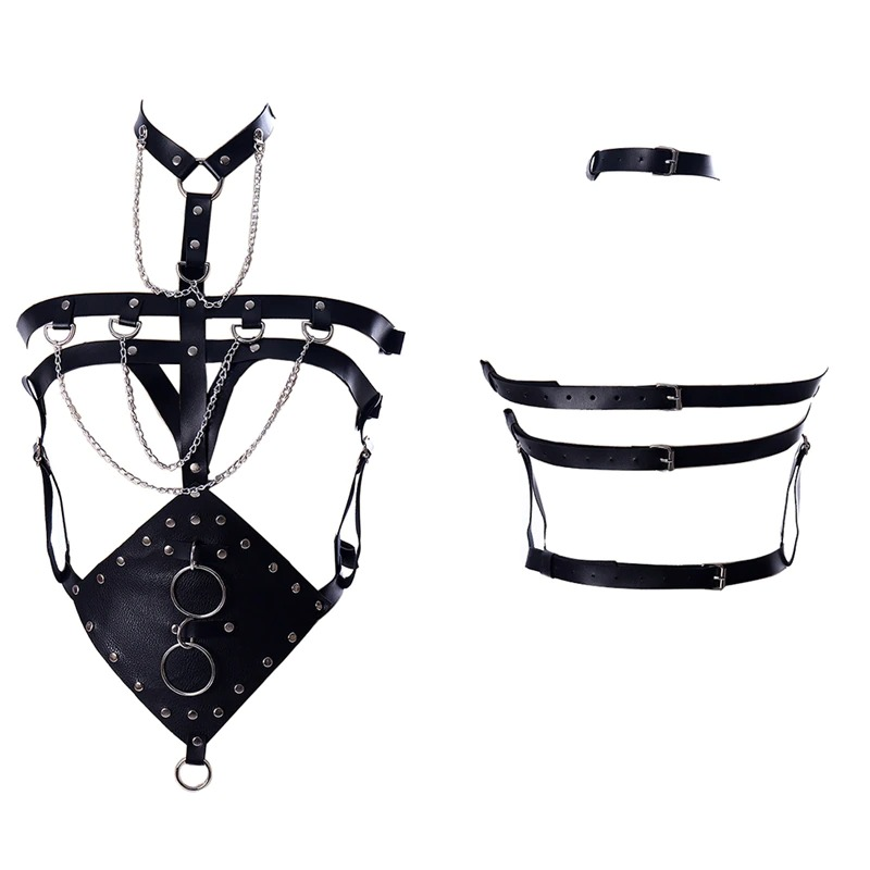 Sexy gothic bondage belt set featuring PU leather, chains, and silver fittings for a punk look.