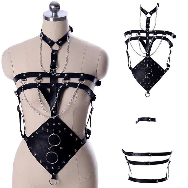 Sexy black bondage harness with chains and silver studs, perfect for gothic punk fashion enthusiasts.