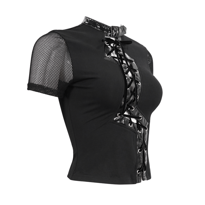 Sexy Asymmetrical Hollow Out Short Sleeves T-Shirt / Gothic Black T-Shirts with Lace-up on Front - HARD'N'HEAVY
