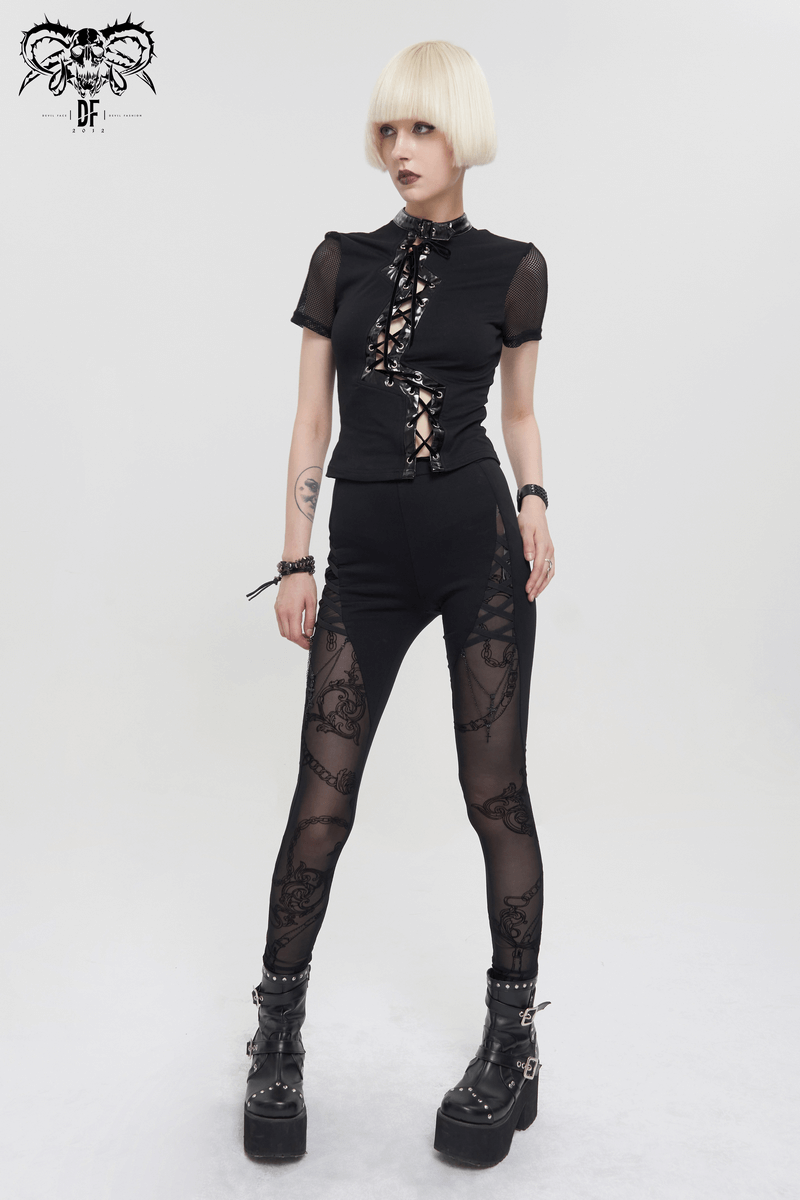 Sexy Asymmetrical Hollow Out Short Sleeves T-Shirt / Gothic Black T-Shirts with Lace-up on Front