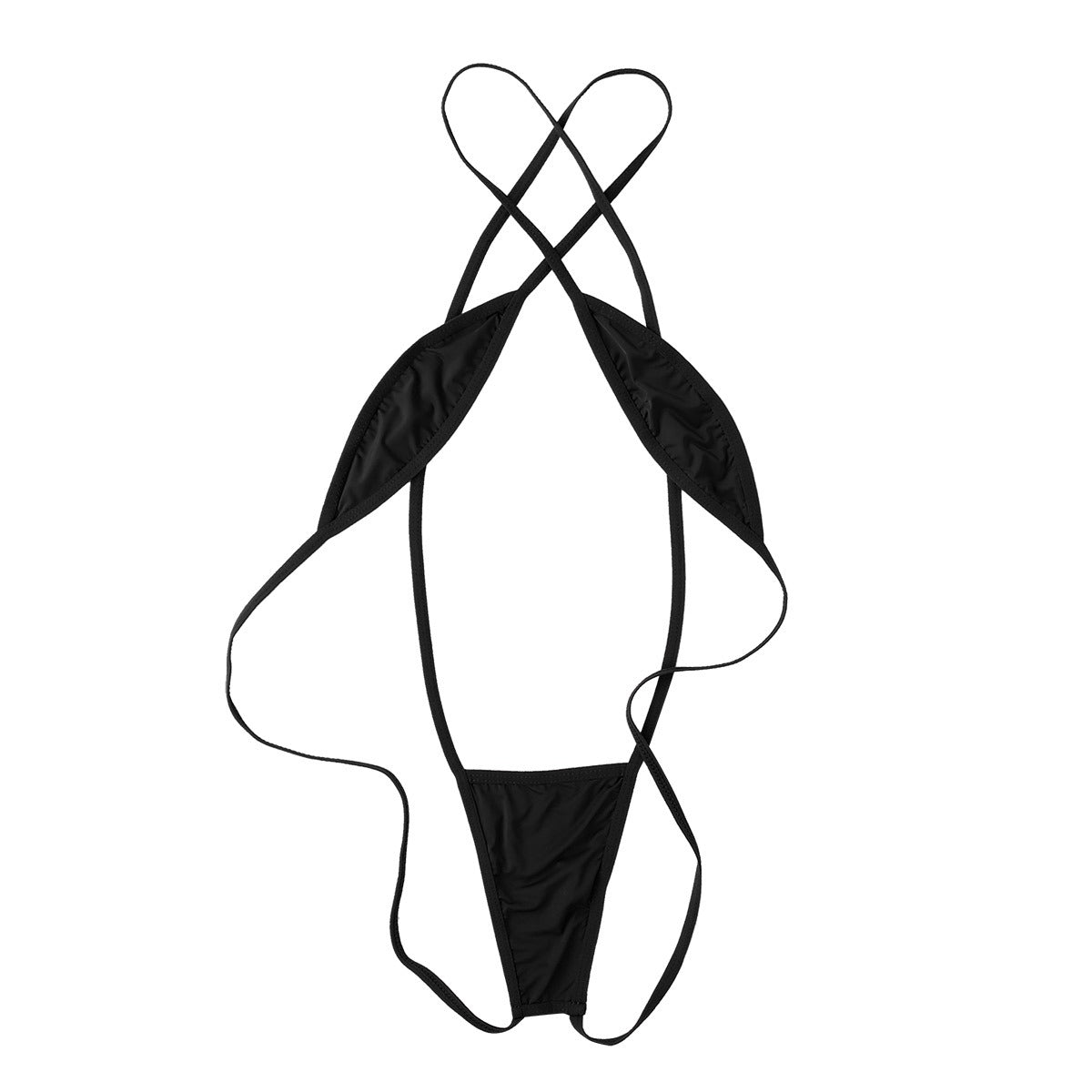 Black backless women's slingshot underwear with strappy criss-cross design, perfect for showing off beach bodies.