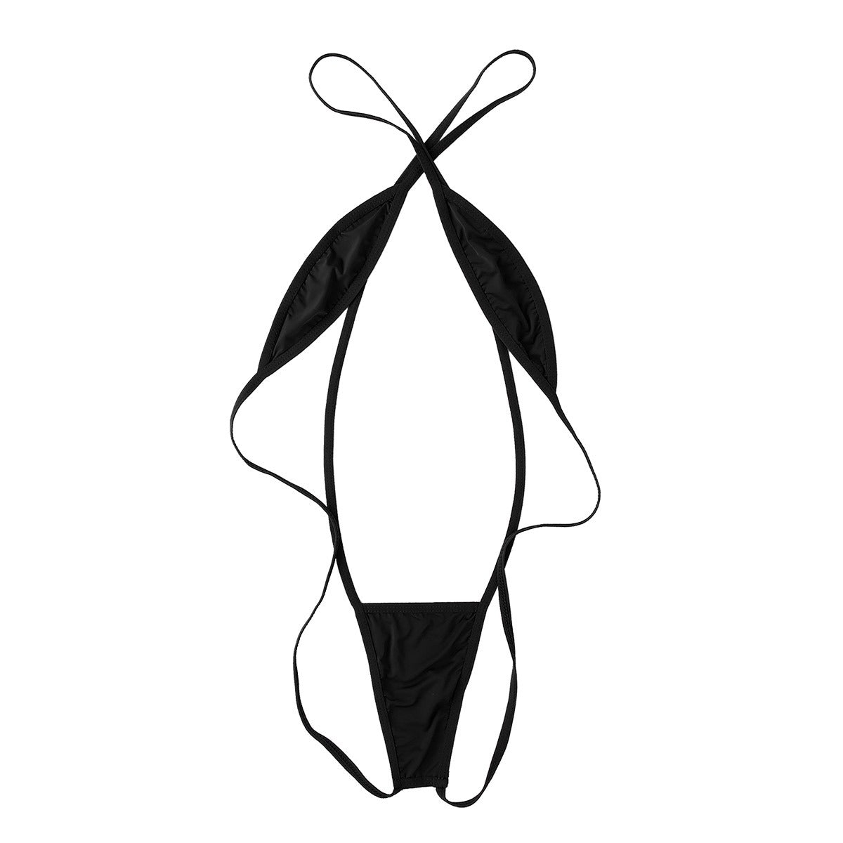 Sexy black backless women's slingshot underwear, one-piece strappy criss-cross G-string bikini, perfect for beach vibes.