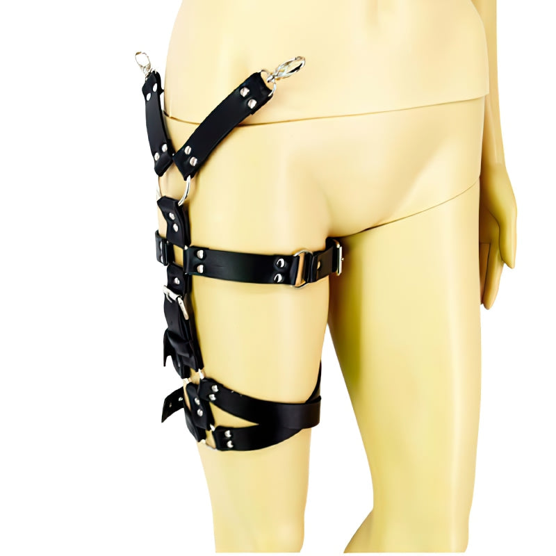 Sexy female body harness with metal rivets and rings, perfect for alternative styles and daring outfits.