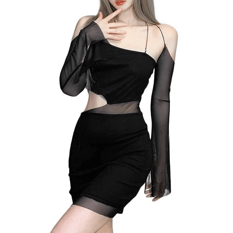 Sexy Black Bodycon Dress with Mesh Long Sleeves and Original Strap Design / Cut-out Mini Dress