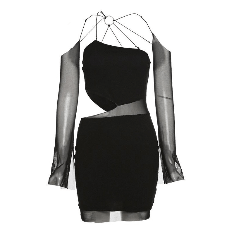 Sexy Black Bodycon Dress with Mesh Long Sleeves and Original Strap Design / Cut-out Mini Dress