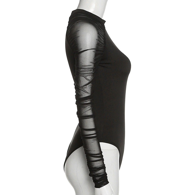 Sexy Black Bodysuits for Women / Thumb Sleeve Bodycon with Stand Collar - HARD'N'HEAVY