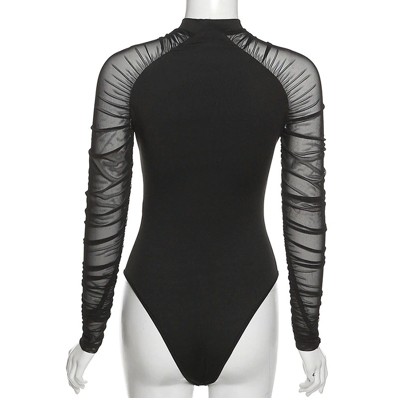 Sexy Black Bodysuits for Women / Thumb Sleeve Bodycon with Stand Collar - HARD'N'HEAVY