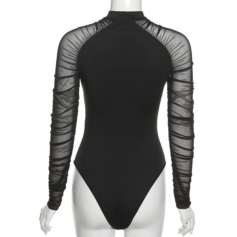 Women's sexy black bodysuit with long sheer sleeves and stand collar, perfect for gothic or rock outfits.