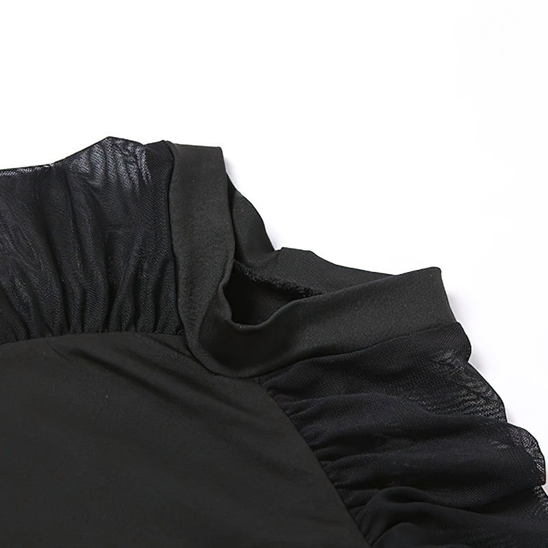 Close-up of a black bodysuit's collar with ruffled detailing, showcasing its gothic design and stylish elegance.