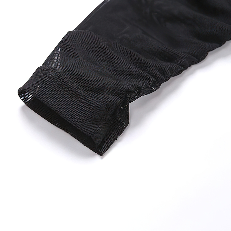 Close-up of the thumb sleeve of a sexy black bodysuit for women, featuring a Gothic style and elegant texture.