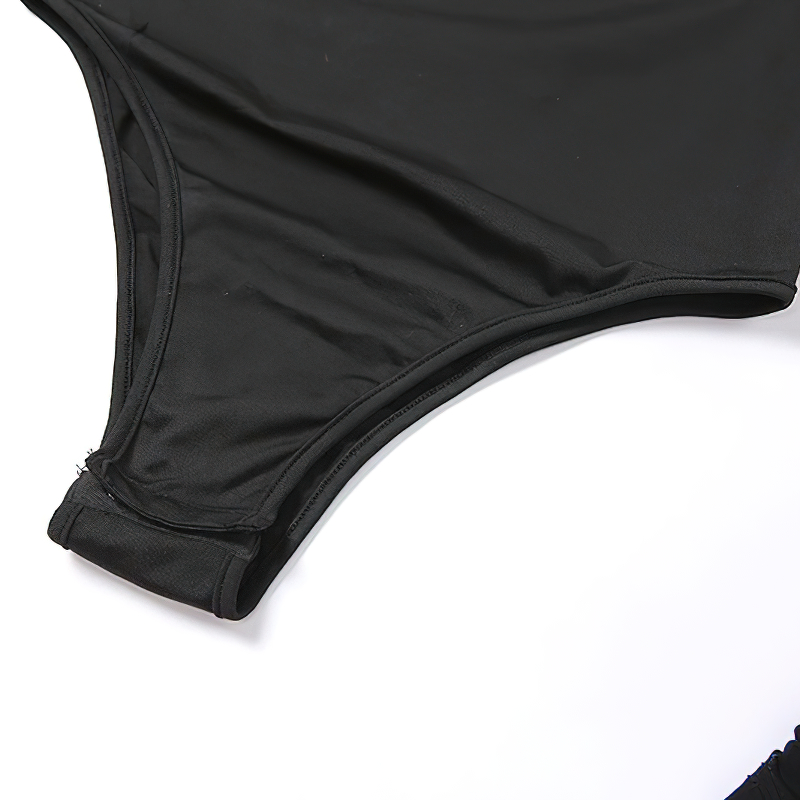 Close-up of a sexy black bodysuit fabric showcasing smooth polyester and spandex material, perfect for goth outfits.
