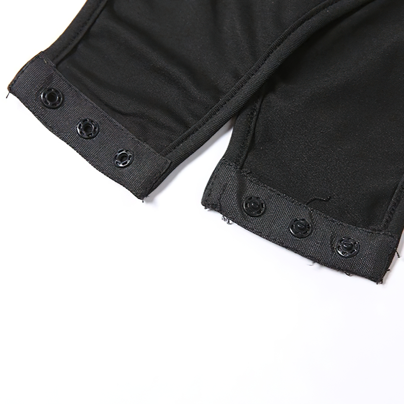 Detail view of buttons on a sexy black bodysuit for women, showcasing Gothic style and modern design.