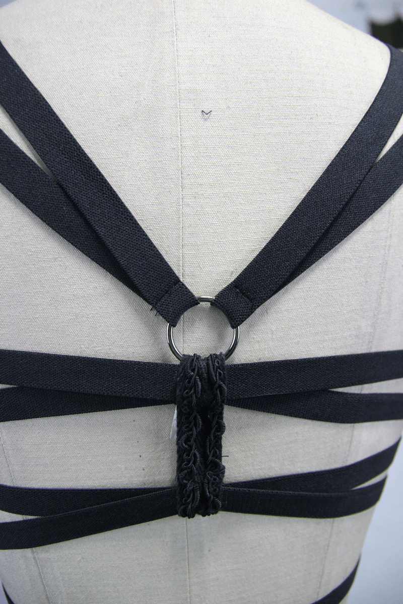 Back view of women's sexy black chest harness with lace, featuring stylish straps and a central ring detail.